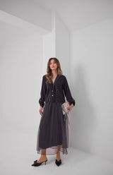 Premium Tül Puantiyeli Düğme Detaylı Siyah Etekli Takım