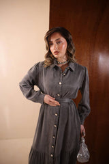 Kuşaklı Modern Kesim İpek Cupra Elbise