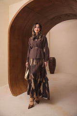 Soyut Desenli ve Kemerli Floş Saten Modal Etekli Takım