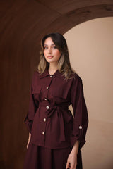Çift Cepli ve Belden Kuşaklı İthal Poplin Kumaş Etekli Takım