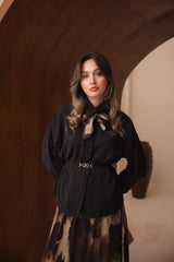 Soyut Desenli ve Kemerli Floş Saten Modal Etekli Takım