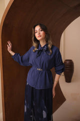 Soyut Desenli ve Kemerli Floş Saten Modal Etekli Takım