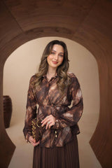 Soyut Desenli ve Belden Büzgülü Piliseli Mango Modal Etekli Takım