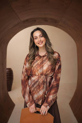 Soyut Desenli ve Belden Büzgülü Piliseli Mango Modal Etekli Takım