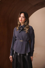 Soyut Desenli ve Kemerli Floş Saten Modal Etekli Takım