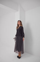 Premium Tül Puantiyeli Düğme Detaylı Siyah Etekli Takım