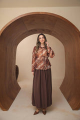 Soyut Desenli ve Belden Büzgülü Piliseli Mango Modal Etekli Takım