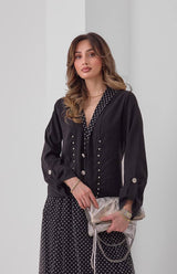 Premium Tül Puantiyeli Düğme Detaylı Siyah Etekli Takım