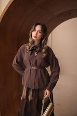 Soyut Desenli ve Kemerli Floş Saten Modal Etekli Takım