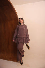 Fırfır Kollu Şık Taş Detaylı Pantolonlu Takım
