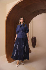 Soyut Desenli ve Kemerli Floş Saten Modal Etekli Takım