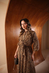 Önden Düğmeli Yoryo Kumaş Leopar Elbise