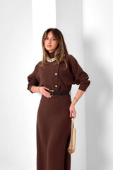 Asimetrik Düğmeli Çift Taraflı Krep Elbise