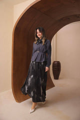 Soyut Desenli ve Kemerli Floş Saten Modal Etekli Takım