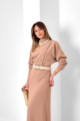 Asimetrik Düğmeli Çift Taraflı Krep Elbise